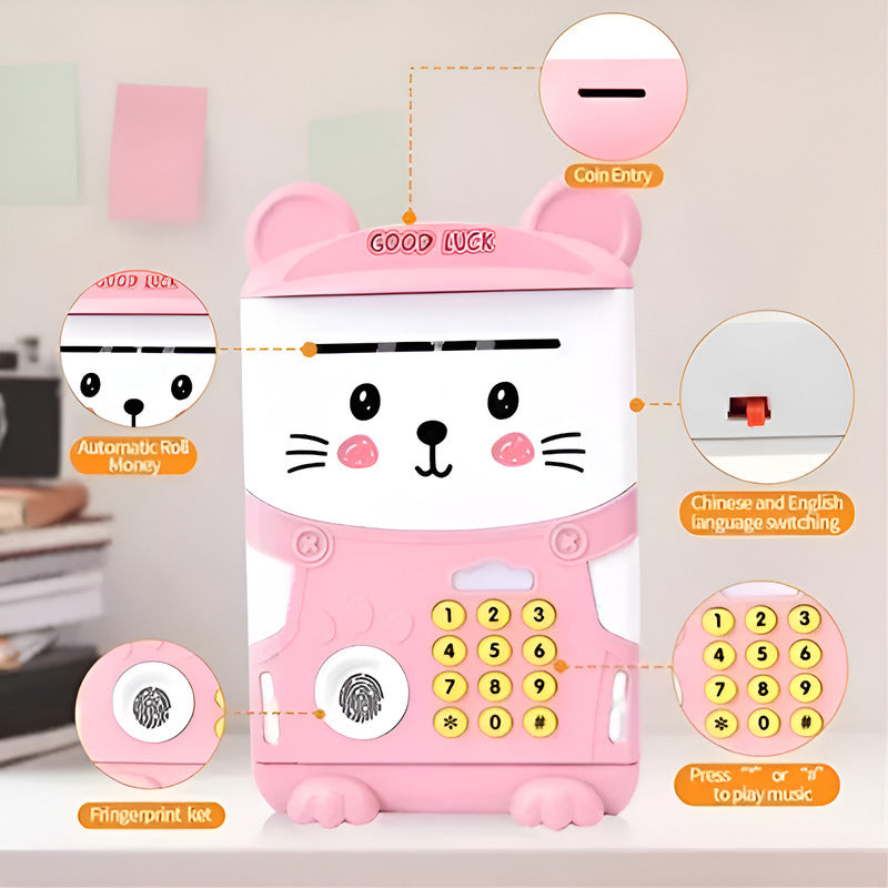 Alcancía Gato Ahorro Automática Contraseña Huella Y Sonido Color Rosa Animales