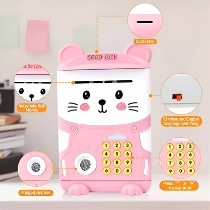 Alcancía Gato Ahorro Automática Contraseña Huella Y Sonido Color Rosa Animales