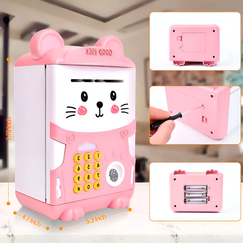Alcancía Gato Ahorro Automática Contraseña Huella Y Sonido Color Rosa Animales